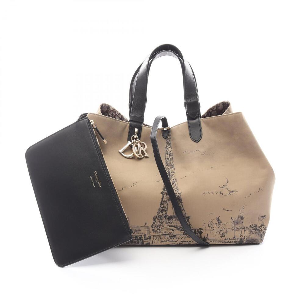 Christian Dior Toujours Oblique Tote Bag Canvas Leather Beige Brown Black